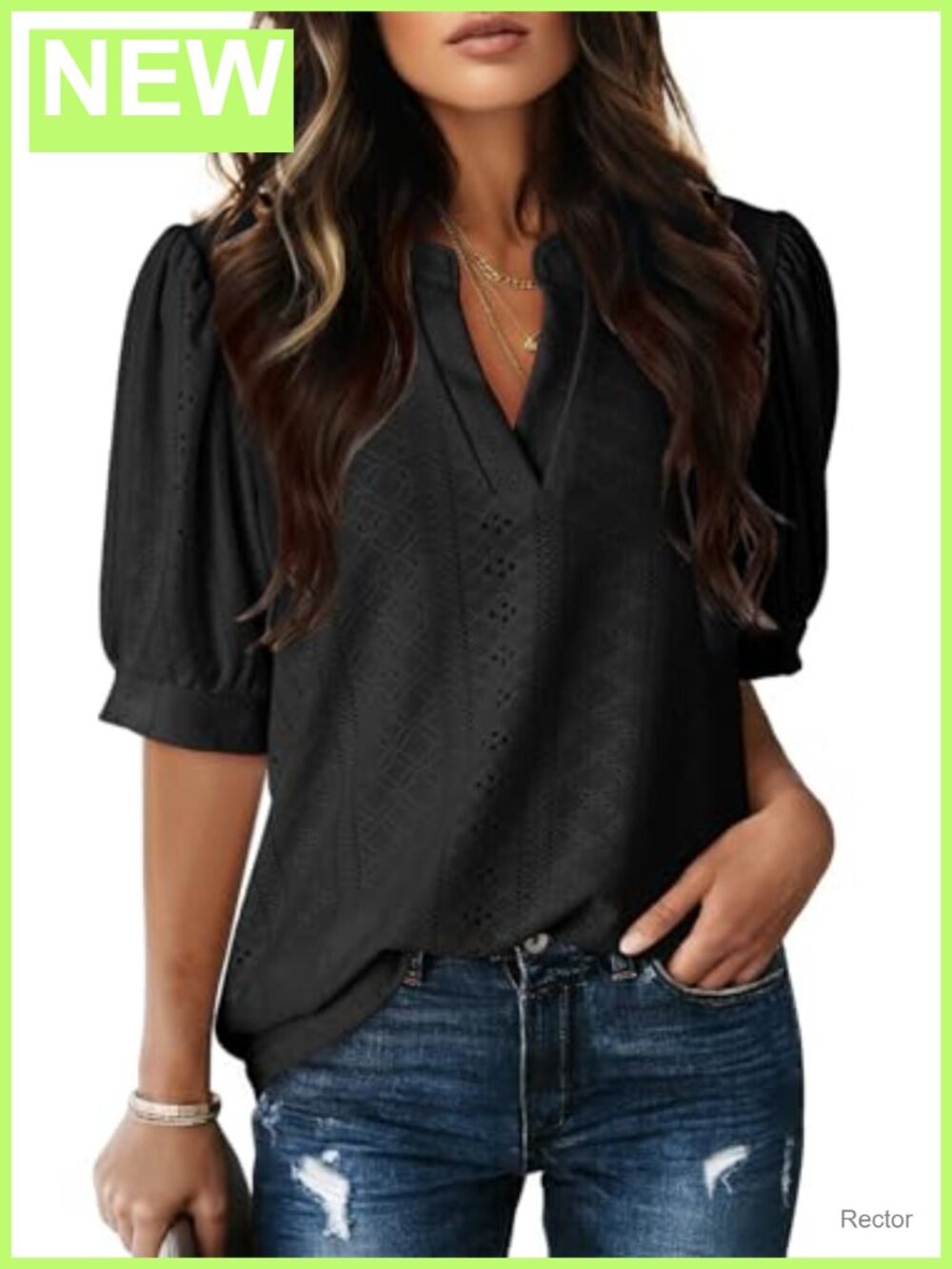 Womens V Neck Puff Short Sleeve Blouse Loose Fit Tunic Business Casual Top